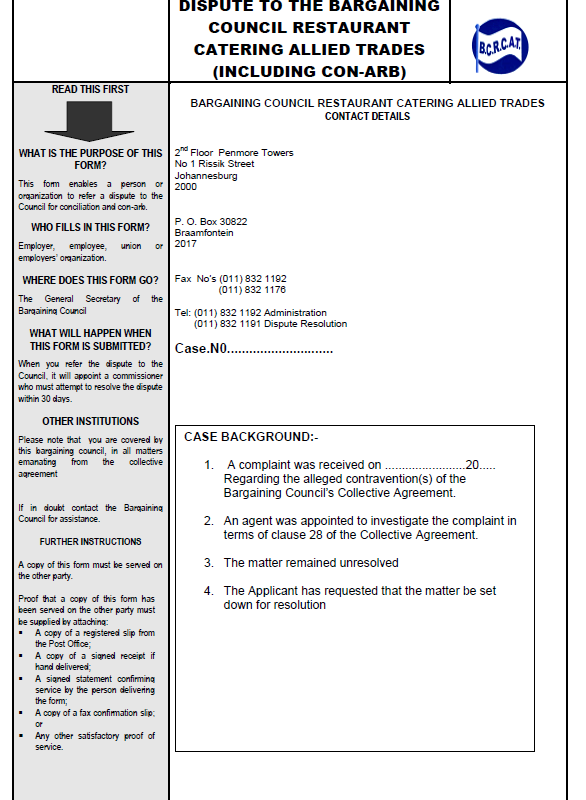 BCRCAT Statutory Dispute Referral Form to Bargaining council including ConARB